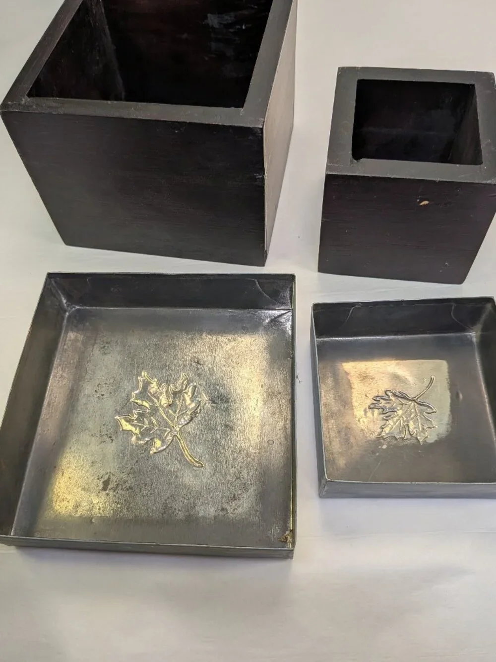 Embossed (2) Metal Leaf Trinket Boxes Rustic Boho Decor with Silver-Tone Lids
